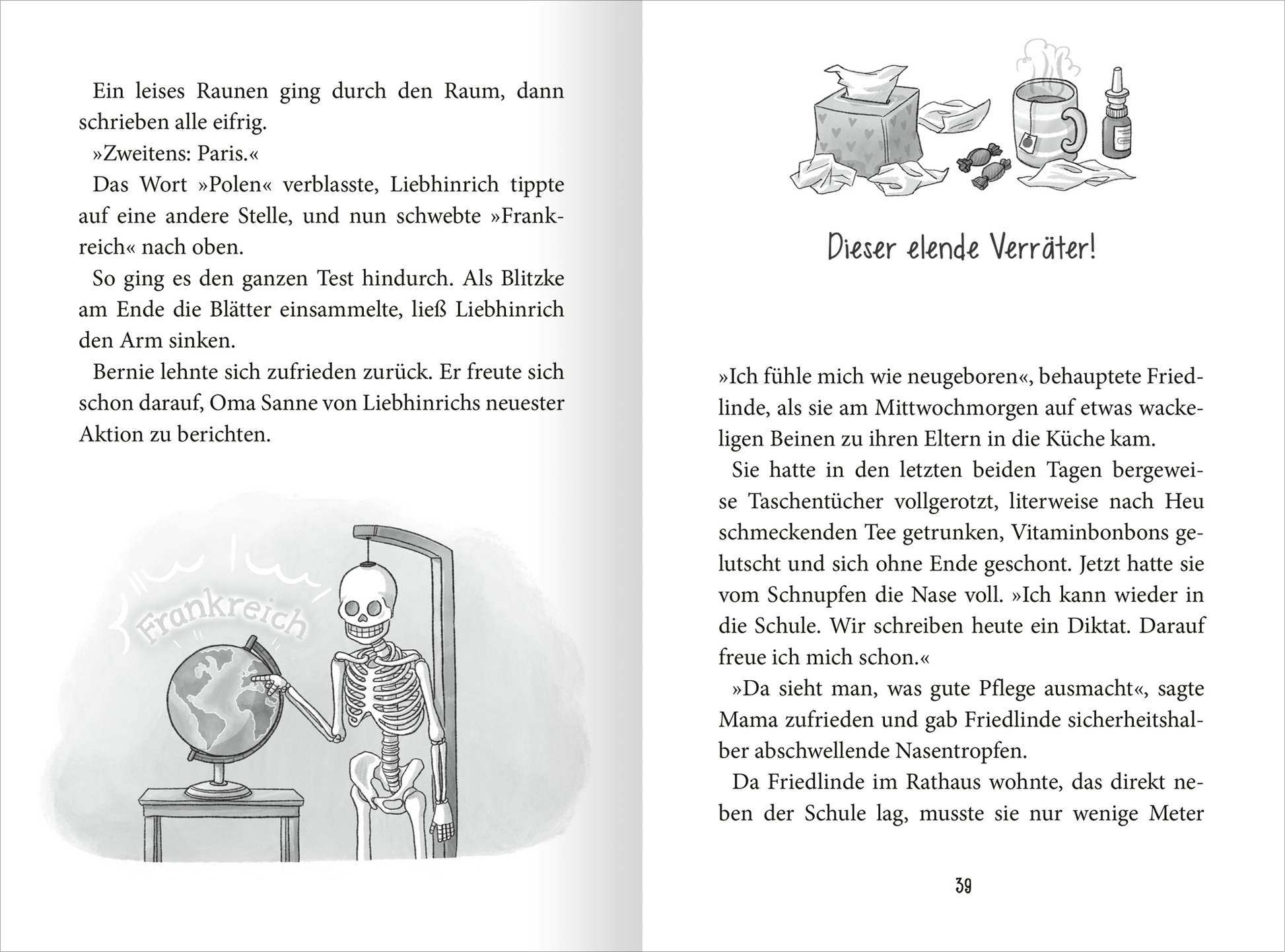Gezeigt wird eine Innen- oder Zusatzansicht von „Ein Schuljahr voller Zauberei – Freistunde statt Erdkunde“. Die Seite zeigt eine Schwarz-Weiß-Illustration mit einem Skelett und diversen Objekten wie Bücher, Stifte und ein Experimentierglas. Die typografische Gestaltung umfasst klare, gut lesbare Schriftarten.