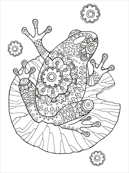 Gezeigt wird eine Innen- oder Zusatzansicht von „Mein Mandala-Tier-Malbuch – Im Paradies der Tiere“. Abgebildet ist ein detailliertes Mandala eines Frosches, umgeben von floralen Motiven. Die Zeichnung ist in Schwarzweiß gehalten und zeigt komplexe Muster und Linienführungen. Der Frosch sitzt auf einem Blatt und hat große, ausdrucksvolle Augen. Die Typografie der Titelbeschreibung ist verspielt und kreativ gestaltet, um die kindliche Fantasie anzusprechen.