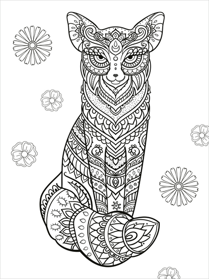 Gezeigt wird eine Innen- oder Zusatzansicht von „Mein Mandala-Tier-Malbuch – Im Paradies der Tiere“. Die Abbildung zeigt einen kunstvoll gestalteten Fuchs, umgeben von floralen Elementen. Die Linien sind klar und variieren in Dicke, während das Design verschiedene geometrische Muster integriert. Die Nutzung von Schwarz-Weiß-Kontrasten schafft einen starken visuellen Eindruck, der zum Ausmalen einlädt. Die Typografie ist verspielt und unterstützt das kreative Konzept des Malbuchs.