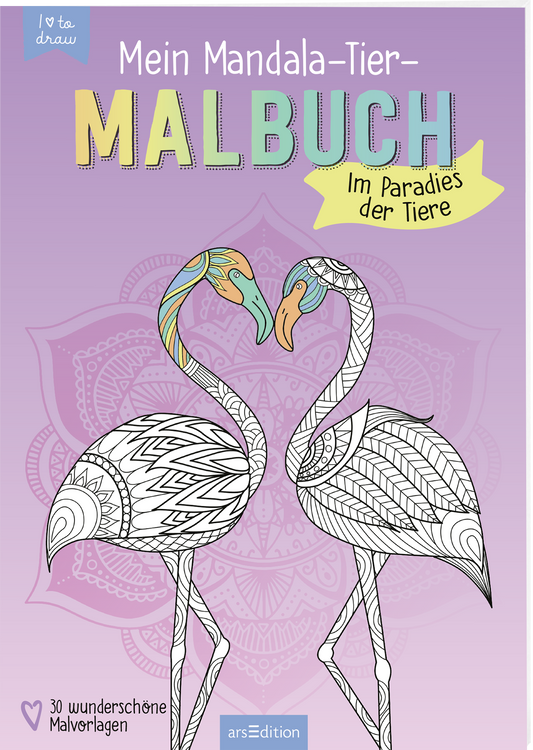 Auf dem Buchcover „Mein Mandala-Tier-Malbuch: Im Paradies der Tiere“ sind zwei stilisierte Flamingos abgebildet, die sich zärtlich zugewandt sind. Die Farbpalette besteht aus sanften Pastelltönen auf einem lilafarbenen Hintergrund, der mit einem floralen Mandala-Muster harmoniert. Der Titel ist in kräftiger, variierender Typografie angeordnet, während darunter der Text „30 wunderschöne Malvorlagen“ in kleinerer Schrift steht. Ganz oben links findet sich der Button...