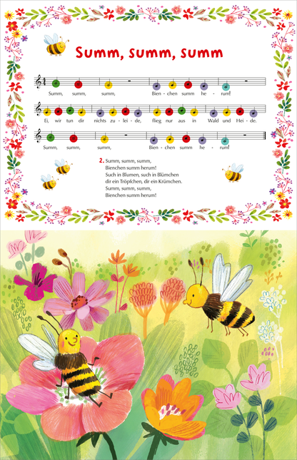 Gezeigt wird eine Innen- oder Zusatzansicht von „Mein buntes Klavierbuch“. Die Seite zeigt das Lied „Summ, summ, summ“ mit bunten Noten und einem fröhlichen Text in großer, roter Schrift. Umgeben ist die Notation von einem blühenden Blumenrand mit lebhaften Farben. Im unteren Bereich sind zwei nektarsammelnde Bienen auf bunten Blumen zu sehen, die eine spielerische, einladende Atmosphäre schaffen und die Verbindung zur Natur betonen.
