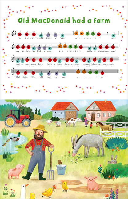 Gezeigt wird eine Innen- oder Zusatzansicht von „Mein buntes Klavierbuch“. Oben befindet sich ein Notenblatt mit dem Titel „Old MacDonald had a farm“, umgeben von bunten Noten in Rot, Grün, Gelb und Blau. Darunter ist eine farbenfrohe Illustration eines Bauernhofs mit einem Traktor, einem Stall, Tieren wie einem Esel, Schweinen und Hühnern sowie einem freundlichen Bauern in kariertem Hemd. Die Verschiedene Farben und Formen sorgen für ansprechende visuelle Akzente.
