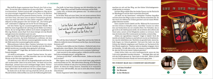 Gezeigt wird eine Innen- oder Zusatzansicht von „Ein Toter zur Bescherung“. Auf der linken Seite ist der Text in dunkelgrauer Schrift auf hellem Hintergrund abgebildet. Auf der rechten Seite unten befindet sich eine Rätselfrage, verdeutlicht durch ein farbiges Bild von Schokoladenpralinen in einer festlichen Verpackung, die mit einer goldenen Schleife geschmückt ist. Außerdem sind drei runde Bildausschnitte zu sehen, die den drei angegebenen Lösungsmöglichkeiten des Rätsels zugeordnet...