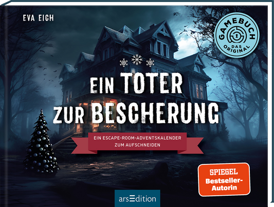 Auf dem Cover ist ein düsteres, altmodisches Herrenhaus abgebildet, umgeben von schattigen Bäumen und einem leicht nebligen Himmel. Der Titel „Ein Toter zur Bescherung“ hebt sich in großen, weißen Buchstaben von der dunklen Kulisse ab. Die Schrift wirkt markant und spannend. Oben links ist der Autorinnenname „EVA EICH" zu lesen. Vor dem Haus steht ein kleiner Tannenbaum. Oben links ist ein orangeroter Button mit der Aufschrift „SPIEGEL Bestseller-Autorin“ sichtbar. Ganz unten...