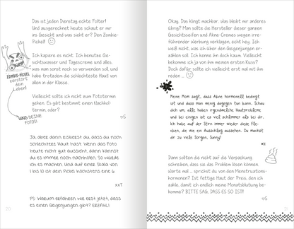 Gezeigt wird eine Innenansicht von „Ein Tagebuch für vier – Wir sind die besten Freundinnen“. Die Seiten sind mit handschriftlicher, verspielter Typografie in Schwarz gehalten. Illustrationen in Form von kleinen Zeichnungen, wie einem Zombie, ergänzen den Text. Die Layoutgestaltung ist offen und einladend, mit ausreichend Platz zwischen den Absätzen für eine klare Lesbarkeit.