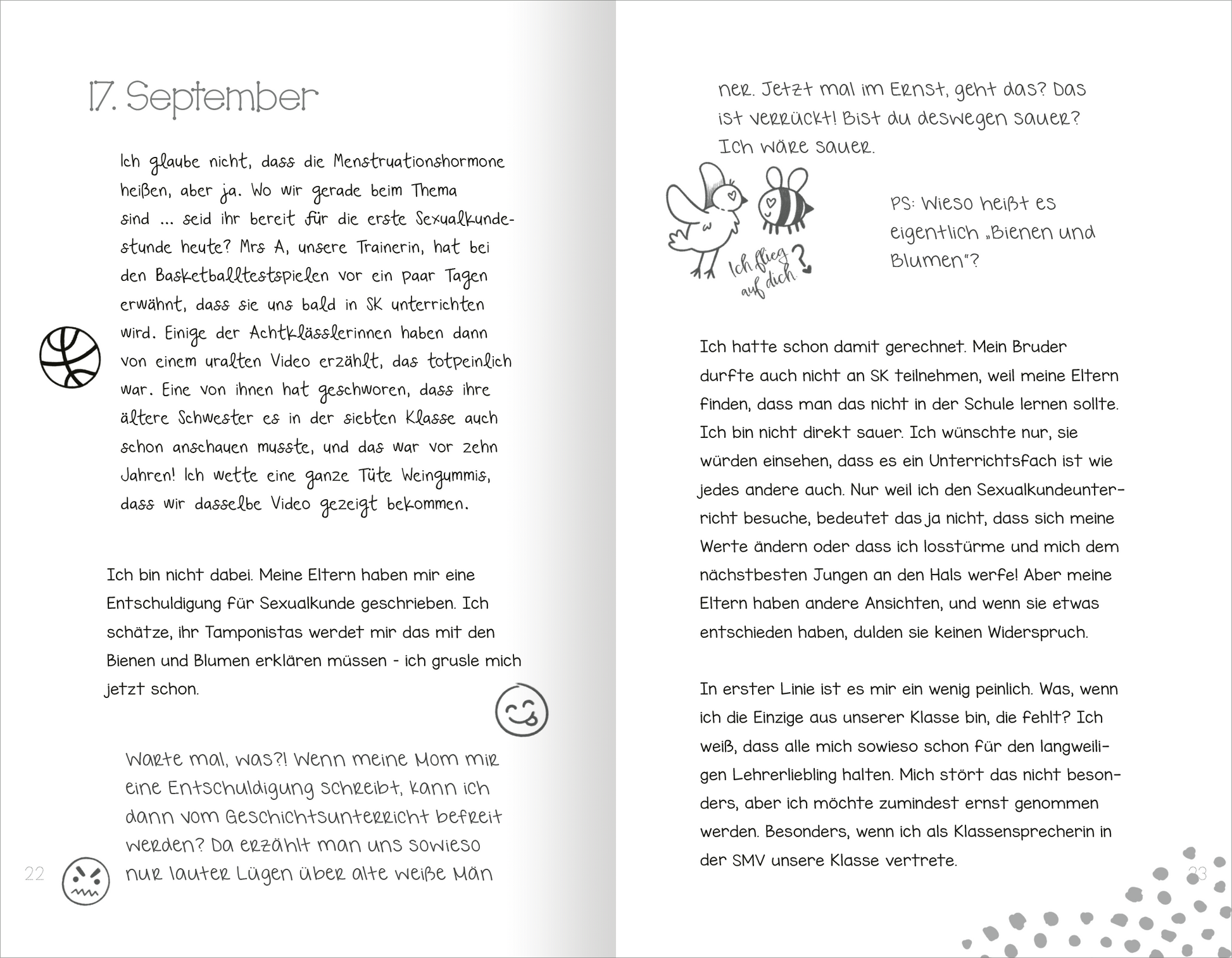Gezeigt wird eine Innen- oder Zusatzansicht von „Ein Tagebuch für vier – Wir sind die besten Freundinnen“. Die Doppelseite zeigt handschriftliche Einträge, liebevolle Illustrationen und Symbole. Auf der linken Seite sind Zeichnungen, wie ein Basketball und ein Smiley.