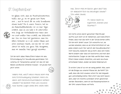 Gezeigt wird eine Innen- oder Zusatzansicht von „Ein Tagebuch für vier – Wir sind die besten Freundinnen“. Die Doppelseite zeigt handschriftliche Einträge, liebevolle Illustrationen und Symbole. Auf der linken Seite sind Zeichnungen, wie ein Basketball und ein Smiley.