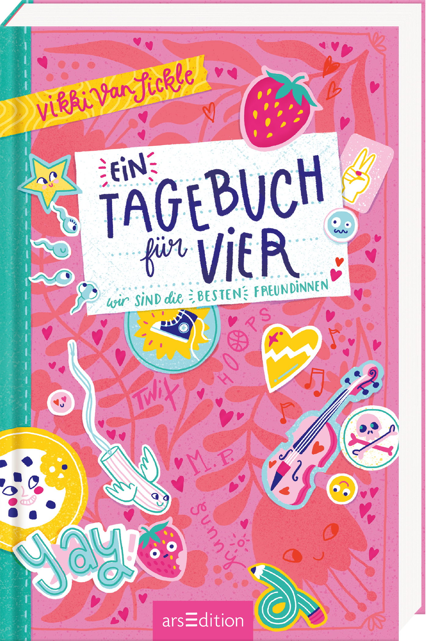 Der Buchcoverhintergrund ist in einem lebhaften Rosa gehalten und vermittelt eine fröhliche, verspielte Atmosphäre. Im Zentrum befindet sich ein großes, helles Feld mit der Aufschrift „Ein TAGEBUCH für VIER“ in markanten, blauen Buchstaben. Darunter steht der Satz „Wir sind die besten Freundinnen“ in kleinerer Schrift. Um das Titelbild herum sind zahlreiche bunte Illustrationen, wie Sterne, Musikinstrumente und Herzen, angeordnet. Oben links ist der Name der Autorin Vikki Van Sickle...