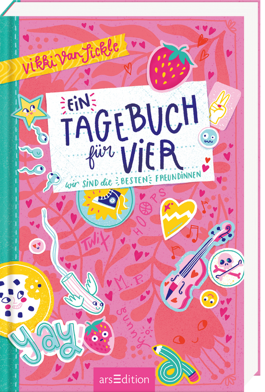 Der Buchcoverhintergrund ist in einem lebhaften Rosa gehalten und vermittelt eine fröhliche, verspielte Atmosphäre. Im Zentrum befindet sich ein großes, helles Feld mit der Aufschrift „Ein TAGEBUCH für VIER“ in markanten, blauen Buchstaben. Darunter steht der Satz „Wir sind die besten Freundinnen“ in kleinerer Schrift. Um das Titelbild herum sind zahlreiche bunte Illustrationen, wie Sterne, Musikinstrumente und Herzen, angeordnet. Oben links ist der Name der Autorin Vikki Van Sickle...