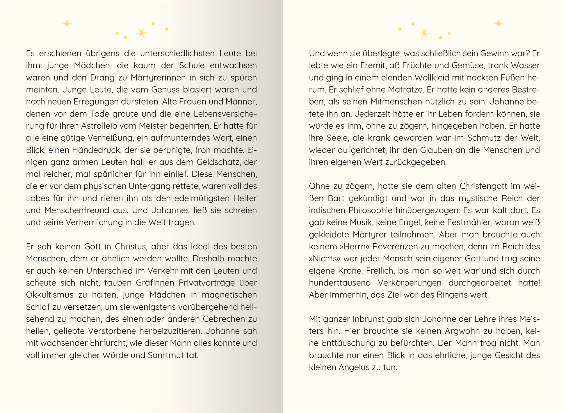 Gezeigt wird eine Innen- oder Zusatzansicht von „Von Magie und Raunächten. 24 zauberhafte Geschichten“. Die Seiten sind in einem sanften Creme-Ton gehalten, mit goldenen Sternen dekoriert. Die Typografie ist gut lesbar, in einer eleganten Schriftart, die den märchenhaften Charakter der Geschichten unterstreicht. Der Text ist klar strukturiert und in Absätze gegliedert, was die Lesbarkeit verbessert. Illustrative Elemente und zarte Verzierungen runden die verträumte Atmosphäre ab.