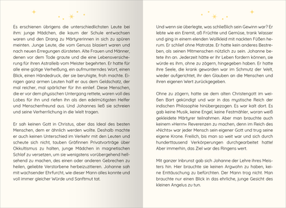 Gezeigt wird eine Innen- oder Zusatzansicht von „Von Magie und Raunächten. 24 zauberhafte Geschichten“. Die Seiten sind in einem sanften Creme-Ton gehalten, mit goldenen Sternen dekoriert. Die Typografie ist gut lesbar, in einer eleganten Schriftart, die den märchenhaften Charakter der Geschichten unterstreicht. Der Text ist klar strukturiert und in Absätze gegliedert, was die Lesbarkeit verbessert. Illustrative Elemente und zarte Verzierungen runden die verträumte Atmosphäre ab.