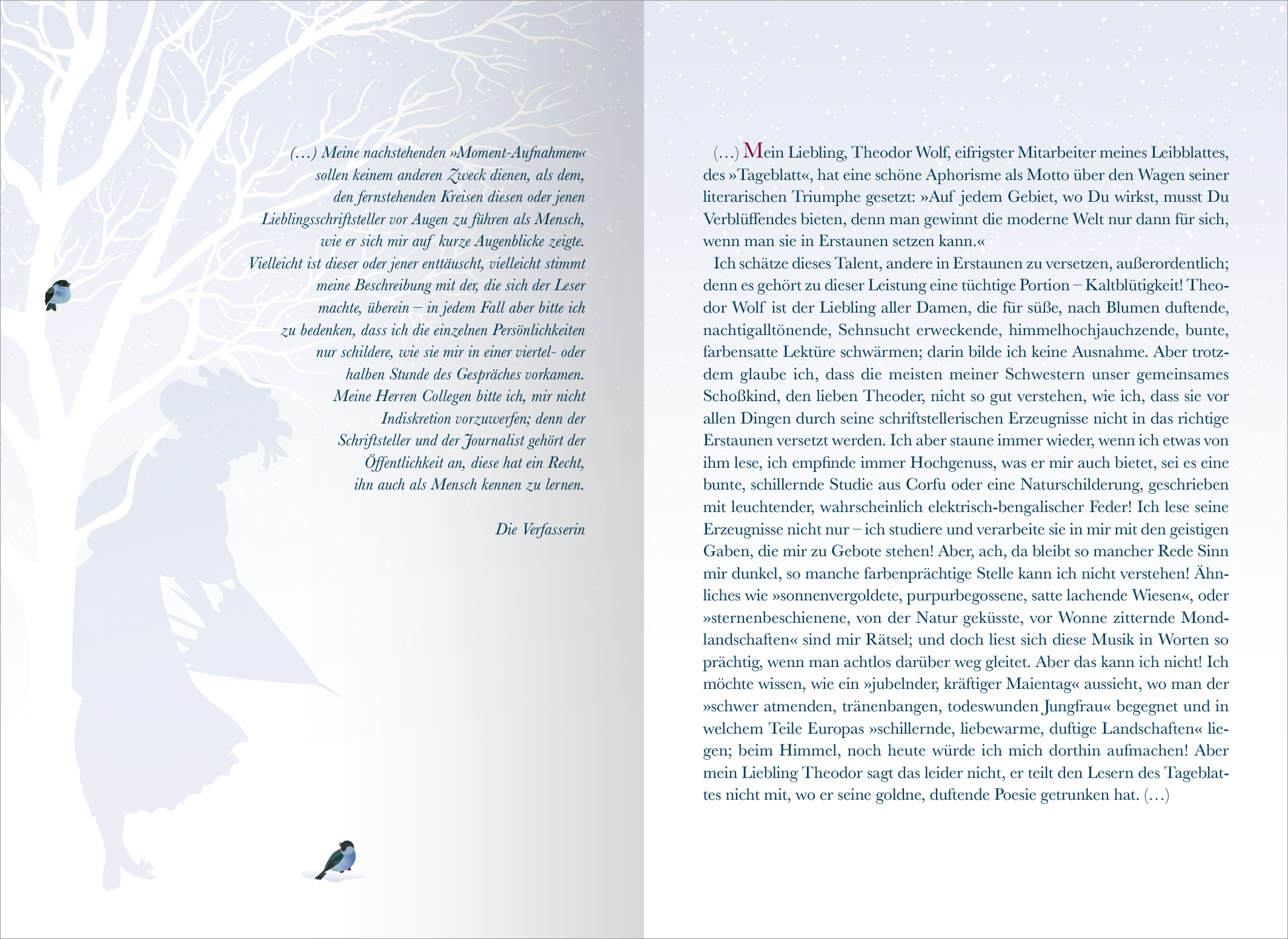 Gezeigt wird eine Innen- oder Zusatzansicht von „24 tolle Frauen. Mit literarischen Geschichten durch den Advent“. Die Doppelseite zeigt eine stilisierte Winterlandschaft mit einem großen, grauen Baum und einem schemenhaften weiblichen Charakter in dunklem Blau, der eine Feder trägt. Die Schrift ist in eleganten, fließenden Linien gestaltet und wechselt zwischen verschiedenen Schriftgrößen. Die Hintergrundfarbe ist sanft hellblau, während akzentuierende Elemente in zarten Grautönen...