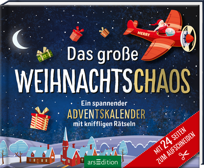 Das Cover zeigt eine festliche, nächtliche Landschaft mit einem klaren, blauen Himmel und leuchtenden Sternen. Oben links fliegt ein rotes Flugzeug mit dem Schriftzug „MERRY“, während bunte Geschenkpäckchen in der Luft schweben. Der Titel „Das große WEIHNACHTSCHAOS“ ist in großen, weißen Buchstaben prominent platziert. Darunter steht die Beschreibung „Ein spannender ADVENTSKALENDER mit kniffligen Rätseln“ in gelber Schrift. Rechts unten befindet sich ein roter Button mit der...