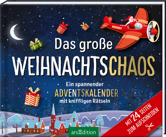 Das Cover zeigt eine festliche, nächtliche Landschaft mit einem klaren, blauen Himmel und leuchtenden Sternen. Oben links fliegt ein rotes Flugzeug mit dem Schriftzug „MERRY“, während bunte Geschenkpäckchen in der Luft schweben. Der Titel „Das große WEIHNACHTSCHAOS“ ist in großen, weißen Buchstaben prominent platziert. Darunter steht die Beschreibung „Ein spannender ADVENTSKALENDER mit kniffligen Rätseln“ in gelber Schrift. Rechts unten befindet sich ein roter Button mit der...
