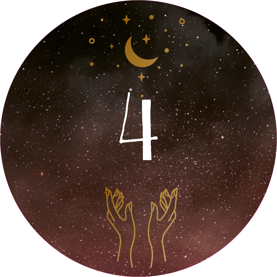 Gezeigt wird eine Innen- oder Zusatzansicht von „Adventskalender in der Dose. Magische Momente“. Die Darstellung zeigt einen schimmernden, dunklen Hintergrund, der an einen Sternenhimmel erinnert, mit goldenen Elementen wie einer Halbmond-Symbolik und funkelnden Sternen. Im Vordergrund hebt sich die große, weiße Zahl „4“ ab, umgeben von einer feinen goldenen Illustration von zwei Händen. Die Kombination aus Farben und Formen vermittelt eine stimmungsvolle, festliche Atmosphäre.