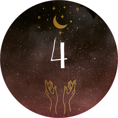 Gezeigt wird eine Innen- oder Zusatzansicht von „Adventskalender in der Dose. Magische Momente“. Die Darstellung zeigt einen schimmernden, dunklen Hintergrund, der an einen Sternenhimmel erinnert, mit goldenen Elementen wie einer Halbmond-Symbolik und funkelnden Sternen. Im Vordergrund hebt sich die große, weiße Zahl „4“ ab, umgeben von einer feinen goldenen Illustration von zwei Händen. Die Kombination aus Farben und Formen vermittelt eine stimmungsvolle, festliche Atmosphäre.