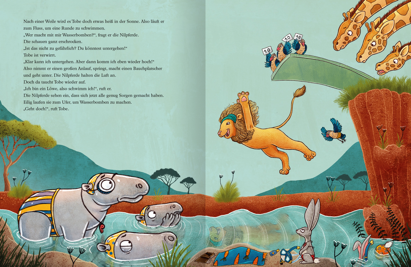 Gezeigt wird eine Innen- oder Zusatzansicht von „Kleiner Löwe, großer Mut“. Die Illustration zeigt einen mutigen, orangefarbenen Löwen, der fröhlich auf einer grünen Rampe steht. Um ihn herum sind verschiedene Tiere, darunter Hypos mit gestreiften Bausteinen, die im Wasser liegen. Die Farben sind lebhaft und variieren von Blau- und Grüntönen bis hin zu warmen Gelbtönen. Die handschriftliche Typografie vermittelt eine spielerische Atmosphäre und ergänzt die freundliche Stimmung der...