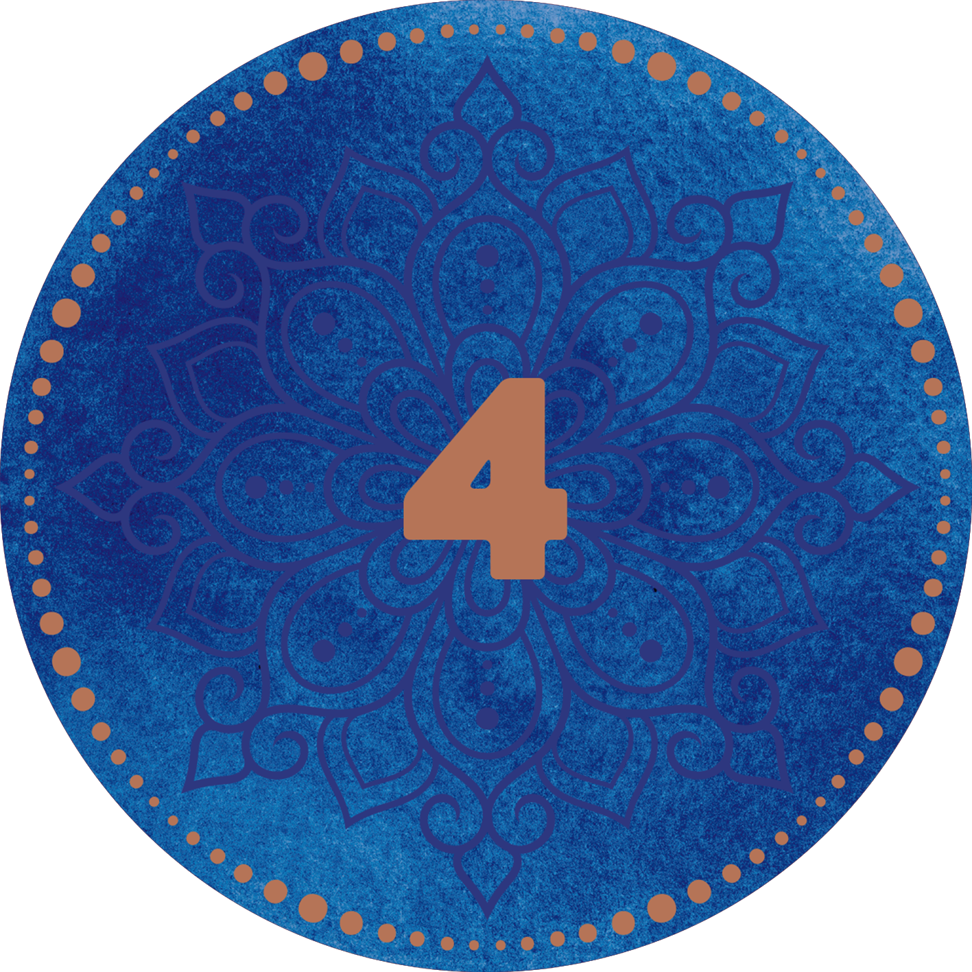 Gezeigt wird eine Innen- oder Zusatzansicht von „Adventskalender in der Dose. Glücksmantras“. Der Kalender präsentiert sich in strahlendem Blau, verziert mit einem filigranen, mandalaartigen Muster in Dunkelblau. In der Mitte befindet sich die Ziffer „4“ in einer warmen, kupfernen Farbe, umgeben von einer Reihe kleinerer, kupferfarbener Punkte. Die harmonische Farbgestaltung und die klare Typografie verleihen dem Design eine beruhigende und einladende Ausstrahlung.