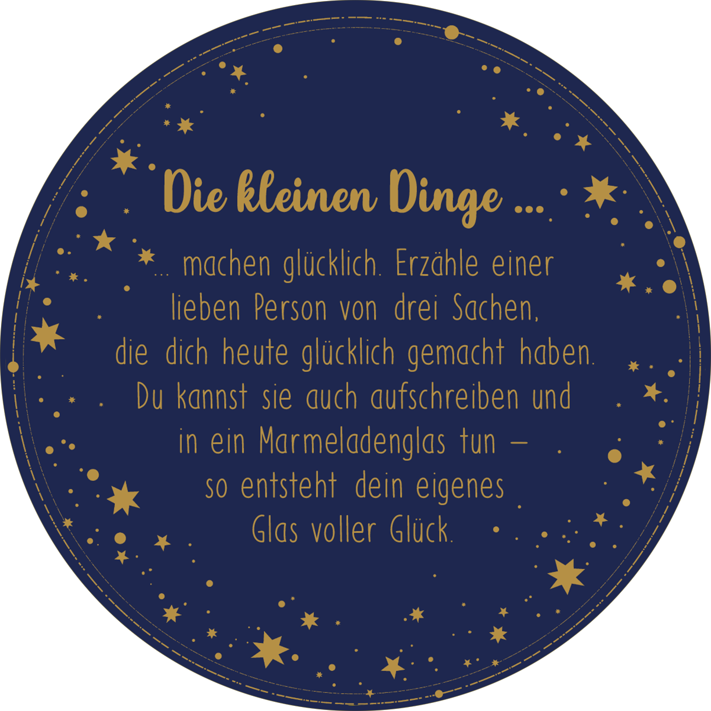Gezeigt wird eine Innen- oder Zusatzansicht von „Adventskalender in der Dose. Glücksmantras“. Der Hintergrund ist in einem tiefen Nachtblau gehalten, versehen mit goldenen Sternen. In der Mitte steht der Text „Die kleinen Dinge …“ in einer verspielten, handschriftlichen Typografie. Darunter folgt eine leicht lesbare, serifenbetonte Schrift, die Anregungen gibt, wie man Glücksmomente sammeln kann. Die Gesamtkomposition schafft eine einladende und positive Atmosphäre.
