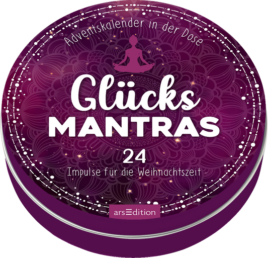 Das Buchcover zeigt einen runden, violetten Adventskalender mit dem Titel „Glücks MANTRAS“ in großen, weißen Buchstaben. Darunter steht die Zahl „24“ in einer klaren, modernen Schrift; der Untertitel lautet „Impulse für die Weihnachtszeit“ in kleineren, eleganten Buchstaben. Der Hintergrund ist mit floralen Mustern und zarten, leuchtenden Punkten verziert, die eine festliche Atmosphäre schaffen. Ganz oben steht der Schriftzug „Adventskalender in der Dose“. Ganz unten mittig...