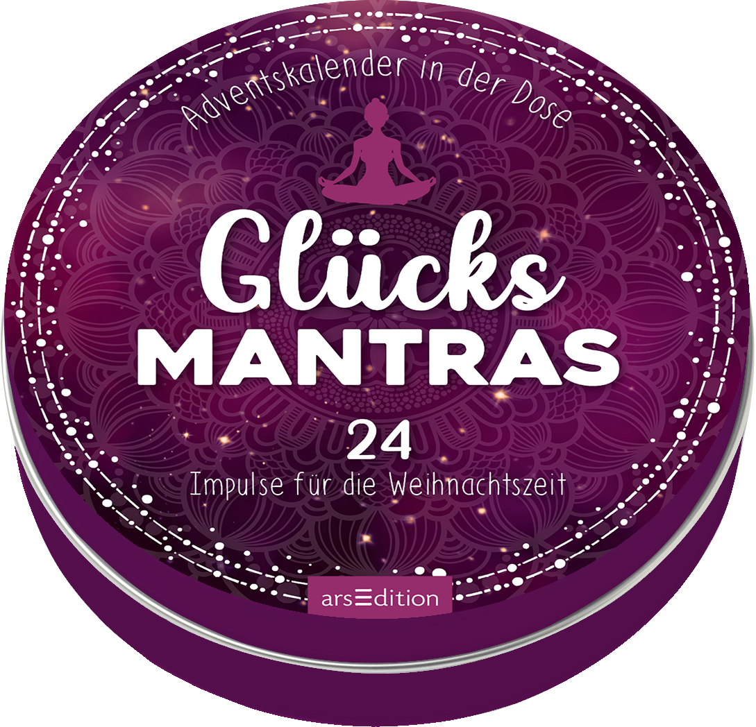 Das Buchcover zeigt einen runden, violetten Adventskalender mit dem Titel „Glücks MANTRAS“ in großen, weißen Buchstaben. Darunter steht die Zahl „24“ in einer klaren, modernen Schrift; der Untertitel lautet „Impulse für die Weihnachtszeit“ in kleineren, eleganten Buchstaben. Der Hintergrund ist mit floralen Mustern und zarten, leuchtenden Punkten verziert, die eine festliche Atmosphäre schaffen. Ganz oben steht der Schriftzug „Adventskalender in der Dose“. Ganz unten mittig...