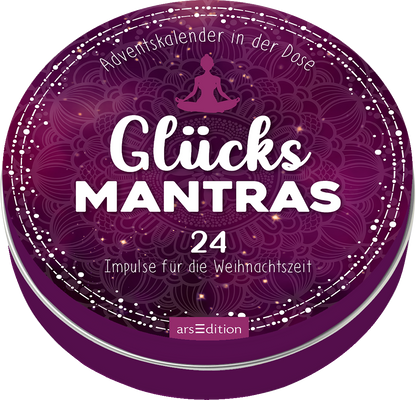 Das Buchcover zeigt einen runden, violetten Adventskalender mit dem Titel „Glücks MANTRAS“ in großen, weißen Buchstaben. Darunter steht die Zahl „24“ in einer klaren, modernen Schrift; der Untertitel lautet „Impulse für die Weihnachtszeit“ in kleineren, eleganten Buchstaben. Der Hintergrund ist mit floralen Mustern und zarten, leuchtenden Punkten verziert, die eine festliche Atmosphäre schaffen. Ganz oben steht der Schriftzug „Adventskalender in der Dose“. Ganz unten mittig...
