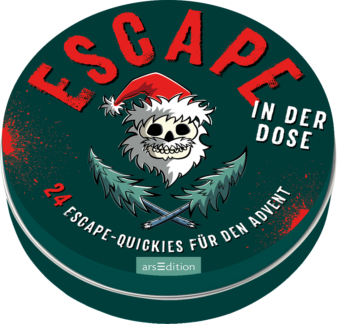 Auf dem Buchcover „ESCAPE IN DER DOSE“ dominieren kräftige grün- und rote Farbtöne. In der Mitte prangt ein grinsender Totenkopf mit einer Weihnachtsmütze, flankiert von stilisierten Tannenzweigen und gekreuzten Pinseln. Der Titel ist groß und in einer auffälligen, fetten Schrift gehalten. Darunter steht „24 ESCAPE-QUICKIES FÜR DEN ADVENT“ in kleinerer Schrift. Ganz unten mittig steht der Logoschriftzug von arsEdition.