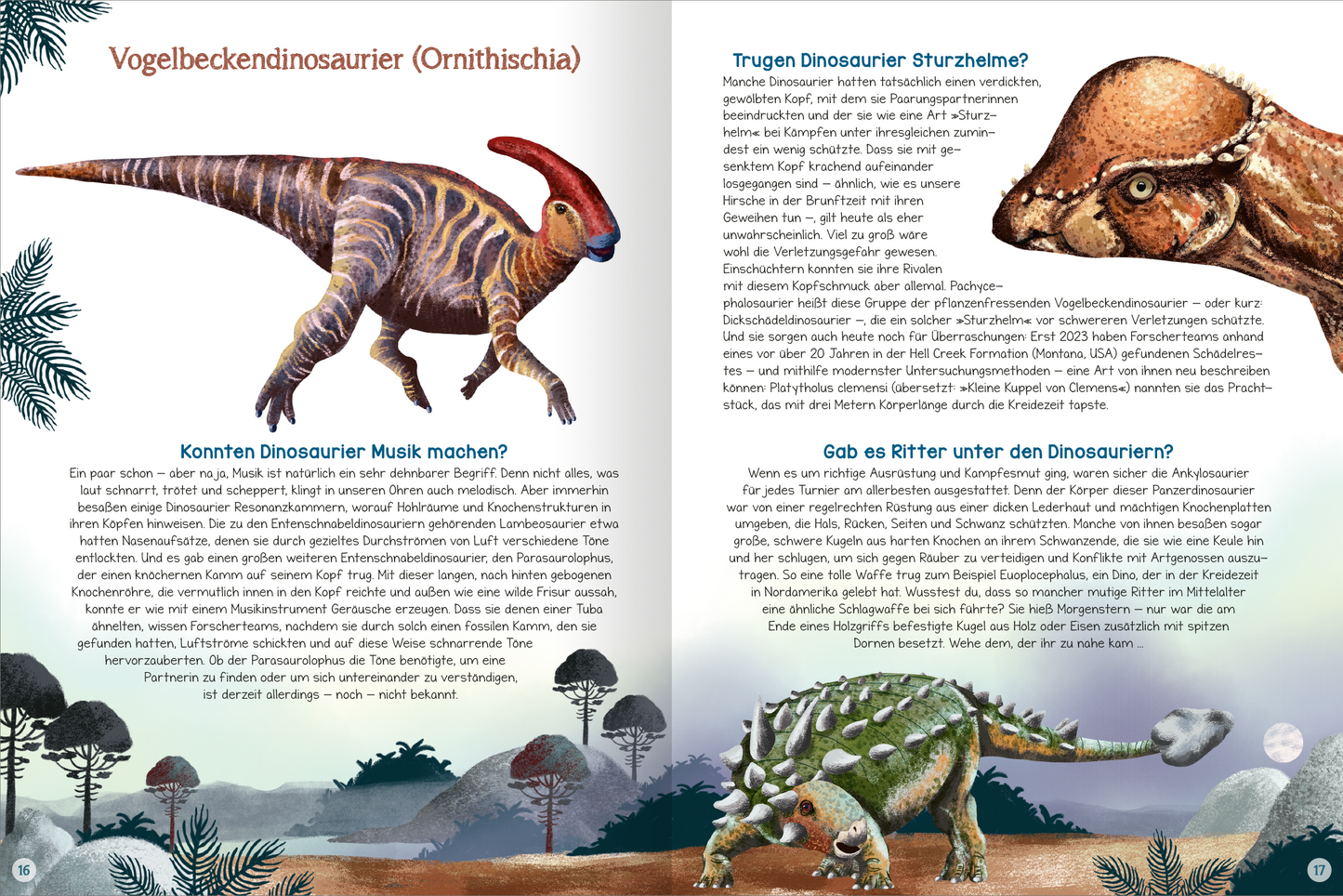Gezeigt wird eine Innen- oder Zusatzansicht von „Was willst du wissen? Das große Fragen- und Antwortenbuch – Dinosaurier“. Die Doppelseite enthält farbenfrohe Illustrationen von Dinosauriern im Vordergrund, umgeben von einer natürlichen Umgebung mit Bäumen und Pflanzen. Die typografische Gestaltung ist klar und ansprechend, mit großen Überschriften und gut lesbaren Texten. Fragen sind hervorgehoben, um den Interaktionsfaktor zu betonen und die Neugier der jungen Leser zu wecken.