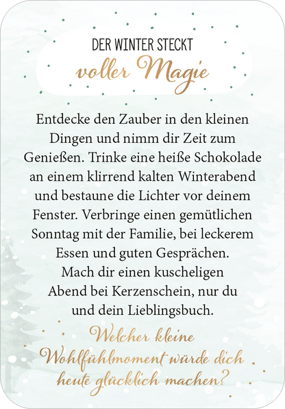 Gezeigt wird eine Innen- oder Zusatzansicht von „Adventszauber für dich“. Die Ansicht enthält einen sanften, winterlichen Hintergrund in blassen Farben mit Tannenzweigen. Der Titel „DER WINTER STECKT voller Magie“ ist in einer eleganten, goldenen Schriftart dargestellt. Der Text ist in dunkler, klar lesbarer Typografie verfasst und lädt zur Besinnung und Gemütlichkeit ein. Am unteren Rand steht die Frage „Welcher kleine Wohlfühlmoment würde dich heute glücklich machen?“ in...