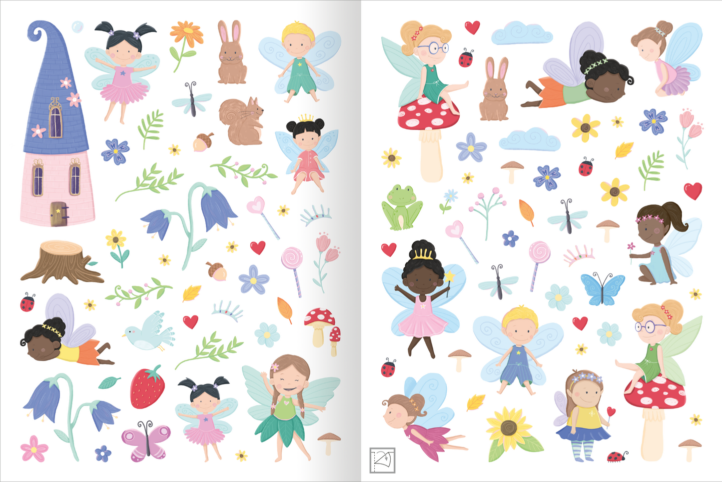 Gezeigt wird eine Innen- oder Zusatzansicht von „Mein XL Sticker-Poster Feen“. Die Illustration enthält zahlreiche bunte Feen in verschiedenen Posen, umgeben von stilisierten Blumen, Schmetterlingen und anderen märchenhaften Elementen. Dominierende Farben sind sanfte Pastelltöne wie Rosa, Blau und Gelb. Auffällig sind die süpen Illustrationen der Feen mit unterschiedlichen Haarfarben und -stilen sowie die verspielte Gestaltung der Feenhäuser.