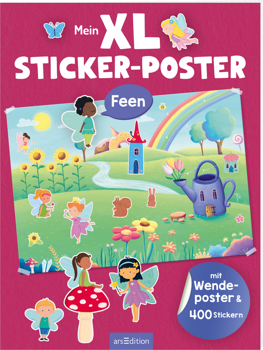 Man sieht die 3D-Ansicht des Heftes. Das Buchcover zeigt ein farbenfrohes, kindgerechtes Design mit einem leuchtend pinken Hintergrund. In der Mitte befindet sich ein großes, illustrierte Wende-Poster mit einer zauberhaften Landschaft: Feen, Blumen, einen Regenbogen und ein blaues Haus sind abgebildet. Der Titel „Mein XL STICKER-POSTER“ ist in großen, weißen Buchstaben oben zu sehen, während darunter „Feen“ in einer blauen Sprechblase hervorgehoben wird. Unten rechts erkennt man den...