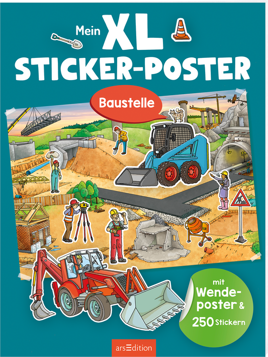 Es wird die 3D-Ansicht des Titels gezeigt. Das Buchcover zeigt ein Poster mit einer bunten Baustelle mit verschiedenen Baufahrzeugen, darunter ein blauer Bagger. Im Hintergrund sind Bauarbeiter in Aktion, Baustellenfahrzeuge und Materialien dargestellt. Der Titel „Mein XL STICKER-POSTER“ ist in großen, weißen Buchstaben oben hervorgehoben, und darunter steht in einem orangefarbenen Hintergrund „Baustelle“. Links befindet sich ein Hinweis auf „mit Wende-Poster & 250 Stickern“....