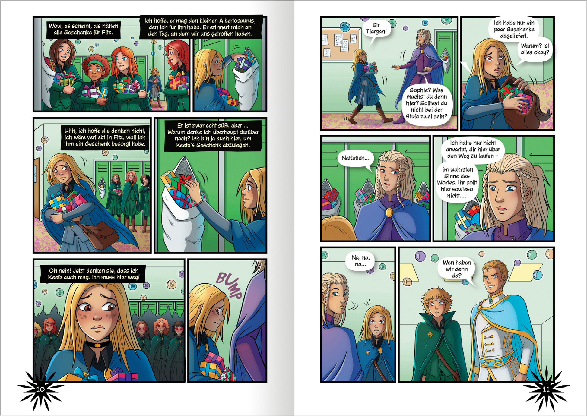 Gezeigt wird eine Innen- oder Zusatzansicht von „Keeper of the Lost Cities – Die Graphic Novel – Teil 2“. Die Seite enthält mehrere Comic-Panels mit lebhaften Farben, die die Charaktere in unterschiedlichen Szenen darstellen. Die Figuren tragen farbenfrohe Kleidung, während die Hintergründe in sanften Grüntönen gehalten sind. Die Typografie ist klar und gut lesbar, mit Sprechblasen, die den Dialog der Charaktere zeigen. Emotionen sind durch Mimik und Gestik der Figuren klar...