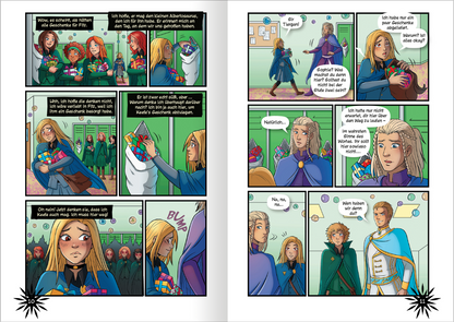 Gezeigt wird eine Innen- oder Zusatzansicht von „Keeper of the Lost Cities – Die Graphic Novel – Teil 2“. Die Seite enthält mehrere Comic-Panels mit lebhaften Farben, die die Charaktere in unterschiedlichen Szenen darstellen. Die Figuren tragen farbenfrohe Kleidung, während die Hintergründe in sanften Grüntönen gehalten sind. Die Typografie ist klar und gut lesbar, mit Sprechblasen, die den Dialog der Charaktere zeigen. Emotionen sind durch Mimik und Gestik der Figuren klar...