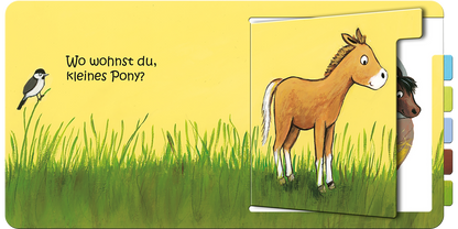 Gezeigt wird eine Innen- oder Zusatzansicht von „Wo wohnst du, kleines Pony?“. Die Illustration zeigt ein fröhliches Pony in sanften Brauntönen vor einem hellgelben Hintergrund, umgeben von grünem Gras. Der Text „Wo wohnst du, kleines Pony?“ ist in einer kindgerechten, verspielten Schriftart gehalten. Links ist ein kleiner Vogel abgebildet, der zur freundlichen Atmosphäre der Seite beiträgt. Die Farbgebung ist hell und einladend.