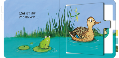 Gezeigt wird eine Innen- oder Zusatzansicht von „Das ist die Mama von ...“. Auf der Seite ist eine bunte, fröhliche Illustration zu sehen. Im Vordergrund sitzt ein grüner Frosch auf einem Wasserblatt, während im Hintergrund eine braune Ente im blauen Wasser schwimmt. Umgeben wird das Bild von grünen Wasserpflanzen und einer fliegenden Libelle. Der Titel ist in einer klaren, kindgerechten Schriftart geschrieben, die gut lesbar ist. Die Farben sind lebhaft und einladend.