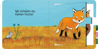 Gezeigt wird eine Innen- oder Zusatzansicht von „Wo schläfst du, kleiner Fuchs?“. Die Illustration zeigt einen lebendigen orangefarbenen Fuchs, der in einem goldenen, grasbewachsenen Feld umherläuft. Links im Bild befindet sich eine kleine graue Maus, die an einer blauen Blume schnuppert. Der Himmel ist strahlend blau, und die Schrift ist in einer kindgerechten, handschriftlichen Typografie gestaltet, die gut lesbar ist und einen verspielten Charakter vermittelt.