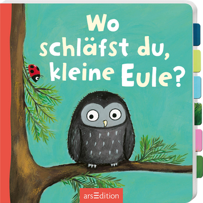 Das Buchcover zeigt eine niedliche, graue Eule mit großen, leuchtenden Augen, die an einem Ast sitzt. Neben der Eule ist ein roter Marienkäfer auf einem grünen Blatt sichtbar. Der Hintergrund ist in sanften Blau- und Grüntönen gehalten. Der Titel „Wo schläfst du, kleine Eule?“ ist in großer, freundlicher, weißer Schrift über dem Motiv platziert. Das Design vermittelt eine liebevolle und einladende Atmosphäre für Kinder. Ganz unten mittig steht der Logoschriftzug von arsEdition.