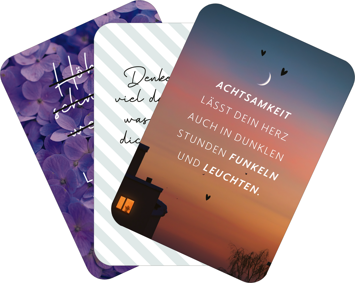 Gezeigt wird eine Innen- oder Zusatzansicht von „Mini-Coach. Willkommen, Achtsamkeit!“. Die Ansicht zeigt drei Karten übereinander. Die obere Karte hat einen tiefen Lilaton mit Blumenmuster und handschriftlichem Text. Die mittlere Karte ist in einem hellen Streifenmuster gehalten, in Schwarz steht der Spruch „Denk daran, viel mehr, als du denkst, ist möglich“. Die untere Karte zeigt einen sanften Sonnenuntergang mit dem Text „ACHTSAMKEIT LÄSST DEIN HERZ AUCH IN DUNKLEN STUNDEN...
