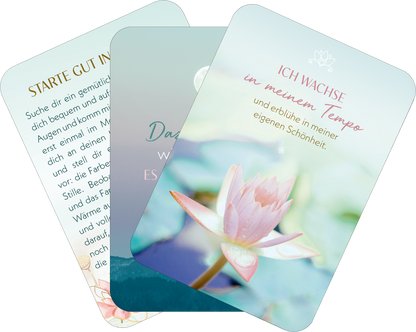 Gezeigt wird eine Innen- oder Zusatzansicht von „Meditations-Mantras“. Die Ansicht zeigt drei Karten, die sanfte, pastellfarbene Töne in Grün, Blau und Rosa enthalten. Auf der vorderen Karte steht in einer geschwungenen Schrift „ICH WACHSEN in meinem Tempo“ in rosa, umrahmt von einer zarten Lotusblüte. Die hinteren Karten präsentieren beruhigende Texturen und inspirierende Botschaften. Die Typografie ist klar und gut lesbar, und die Motive strahlen Ruhe und Harmonie aus.