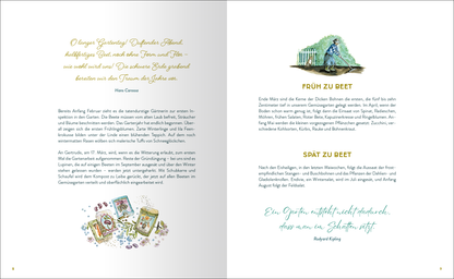 Gezeigt wird eine Innen- oder Zusatzansicht von „Mein Garten, meine Seele“. Die Seite präsentiert eine harmonische Farbkombination aus sanften Grüntönen, zartem Gelb und Weiß. Die Schriftarten variieren zwischen einer eleganten, geschwungenen Schrift für Zitate und einer klaren, modernen Typografie für den Fließtext. Illustrationen von Pflanzen und Gartenmotiven verleihe der Seite ein einladendes Flair, während das Arrangement der Elemente eine ausgewogene Lesbarkeit fördert.