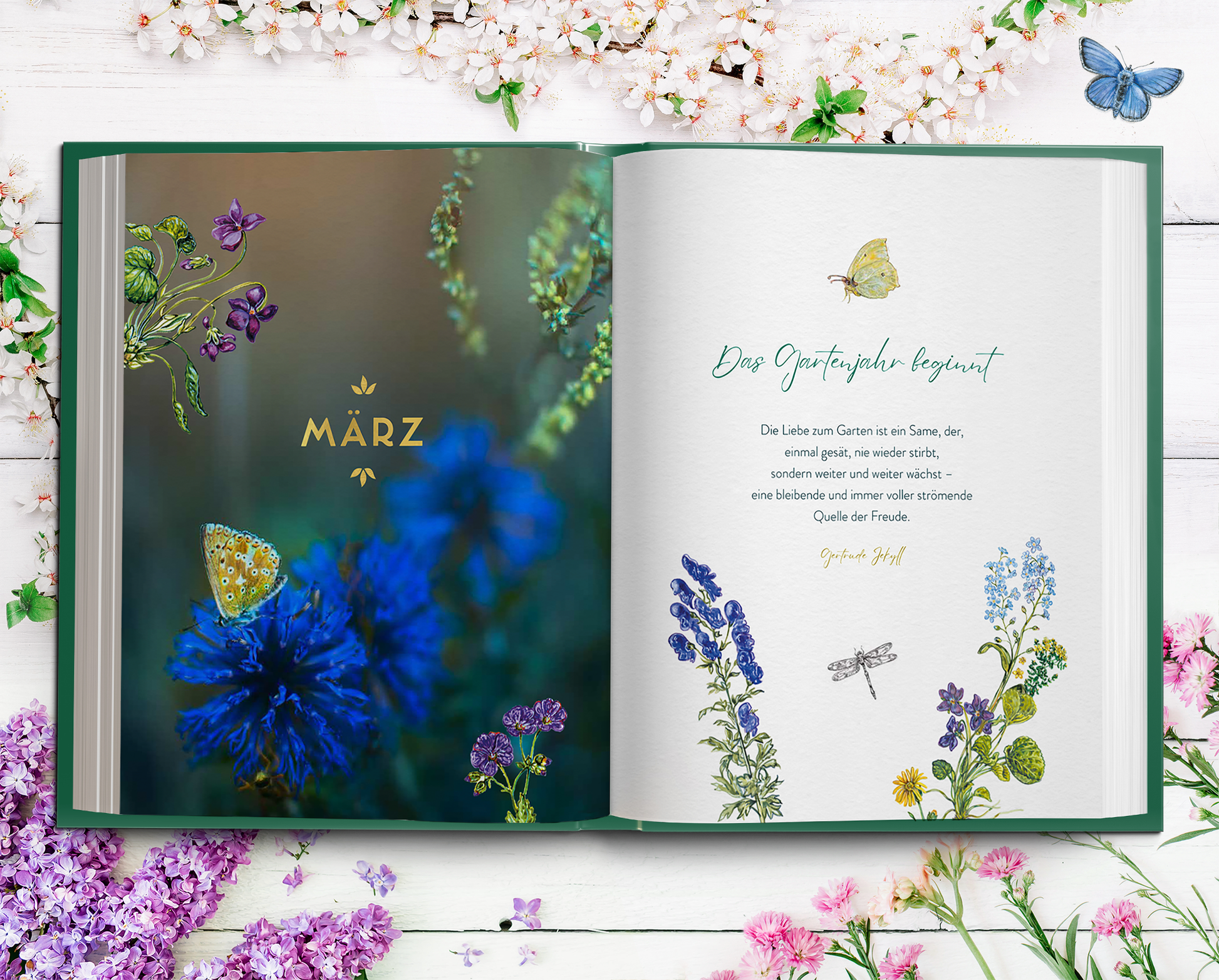 Gezeigt wird eine Innen- oder Zusatzansicht von „Mein Garten, meine Seele“. Auf der linken Seite präsentiert sich ein Blütenstrauß mit dominanten Blau- und Grüntönen, während die rechte Seite ein einfühlsames Zitat in elegantem Schriftbild zeigt. Die Überschrift „MÄRZ“ ist in goldener Typografie hervorgehoben. Die Seiten werden von zarten Illustrationen von Insekten und Pflanzen umrahmt, die die natürliche Schönheit des Themas widerspiegeln.