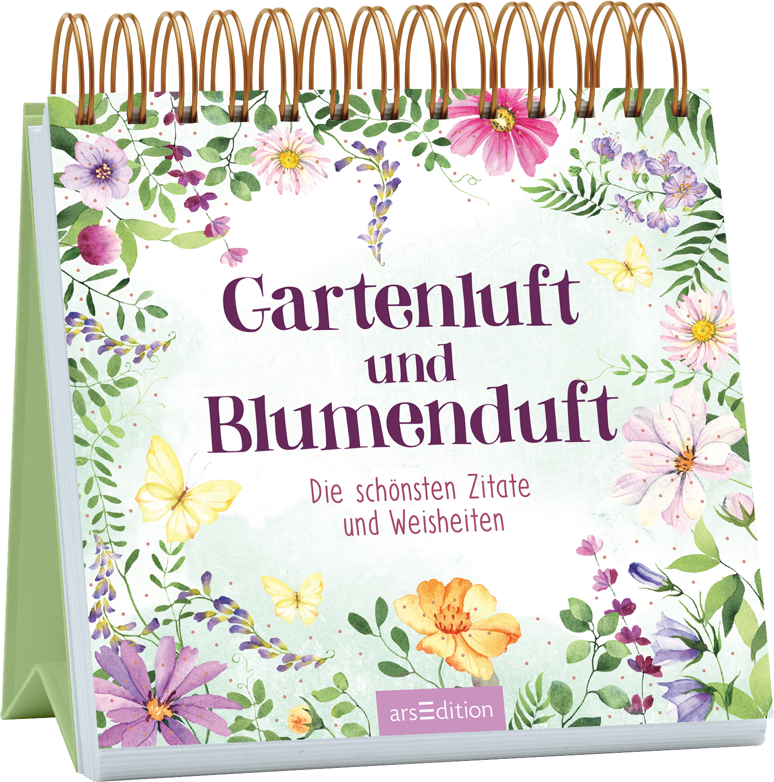 Auf dem Cover von „Gartenluft und Blumenduft“ erblühen zarte Blumen in Pastellfarben wie Rosa, Gelb und Lila auf einem hellgrünen Hintergrund. Der Titel ist in eleganter, tiefvioletter Schrift platziert, während der Untertitel „Die schönsten Zitate und Weisheiten“ in einer schlichten Schriftart darunter steht. Verzierungen mit Schmetterlingen und floralen Akzenten verleihen dem Cover eine fröhliche Atmosphäre. Ganz unten mittig steht der Logoschriftzug von arsEdition.