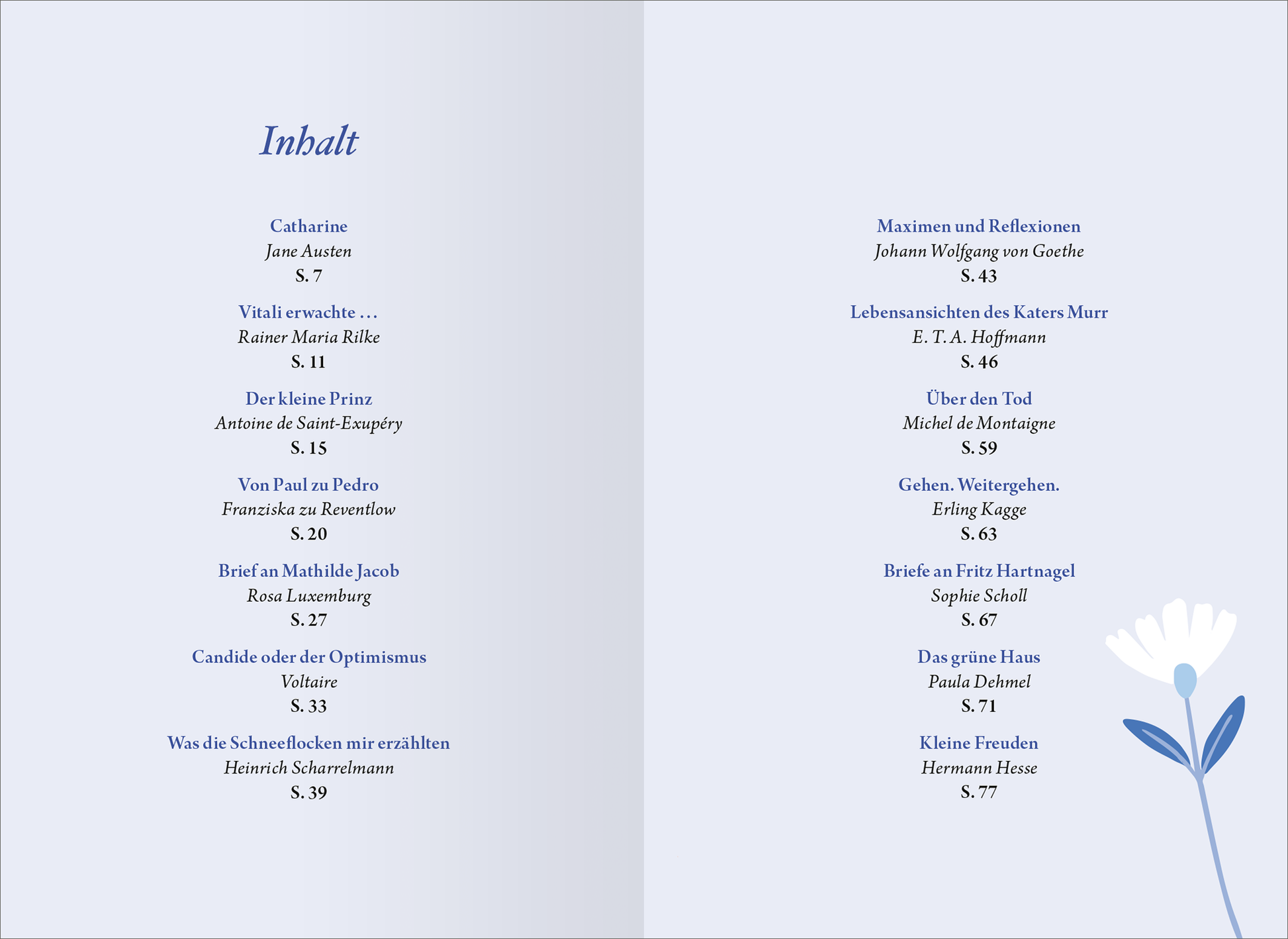 Gezeigt wird eine Innen- oder Zusatzansicht von „Die kleine Bibliothek der positiven Gefühle: Gelassenheit“. Die Seite zeigt eine sanfte, pastellfarbene Hintergrundgestaltung in Blau und Weiß. Links sind die Kapitelüberschriften in eleganter, blauer Schrift angeordnet, während die typografische Gestaltung der Texte klar und gut lesbar ist. Rechts verleiht eine stilisierte, zarte Blütenillustration dem Layout einen harmonischen Akzent. Die Gesamtkomposition strahlt Ruhe und...