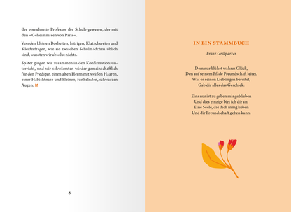 Gezeigt wird eine Innen- oder Zusatzansicht von „Die kleine Bibliothek der positiven Gefühle: Freundschaft“. Die Seite ist in weichen Pastelltönen gehalten, mit einem orangefarbenen Hintergrund auf der rechten Seite. Darauf steht der Titel „IN EIN STAMMBUCH“ in großer, eleganter Schrift. Der Text ist in klarer, gut lesbarer Schwarzschrift gesetzt. Links befindet sich ein Auszug in kleinerer Schrift, der durch eine zarte Illustration von Blüten in warmen Farben ergänzt wird.
