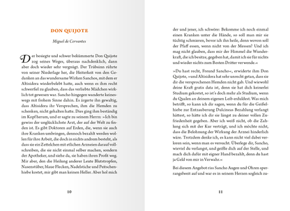 Gezeigt wird eine Innen- oder Zusatzansicht von „Die kleine Bibliothek der positiven Gefühle: Freundschaft“. Die Seiten sind in einem klaren Layout gestaltet, mit einer großflächigen weißen Hintergrundfarbe, die den Text hervorhebt. Der Titel „DON QUIJOTE“ ist in einer markanten, serifenbetonten Schriftart platziert, während der Fließtext in einer gut lesbaren serifenlosen Schrift gesetzt ist. Die Textblöcke sind symmetrisch angeordnet, was die Lesbarkeit fördert. Es sind keine...