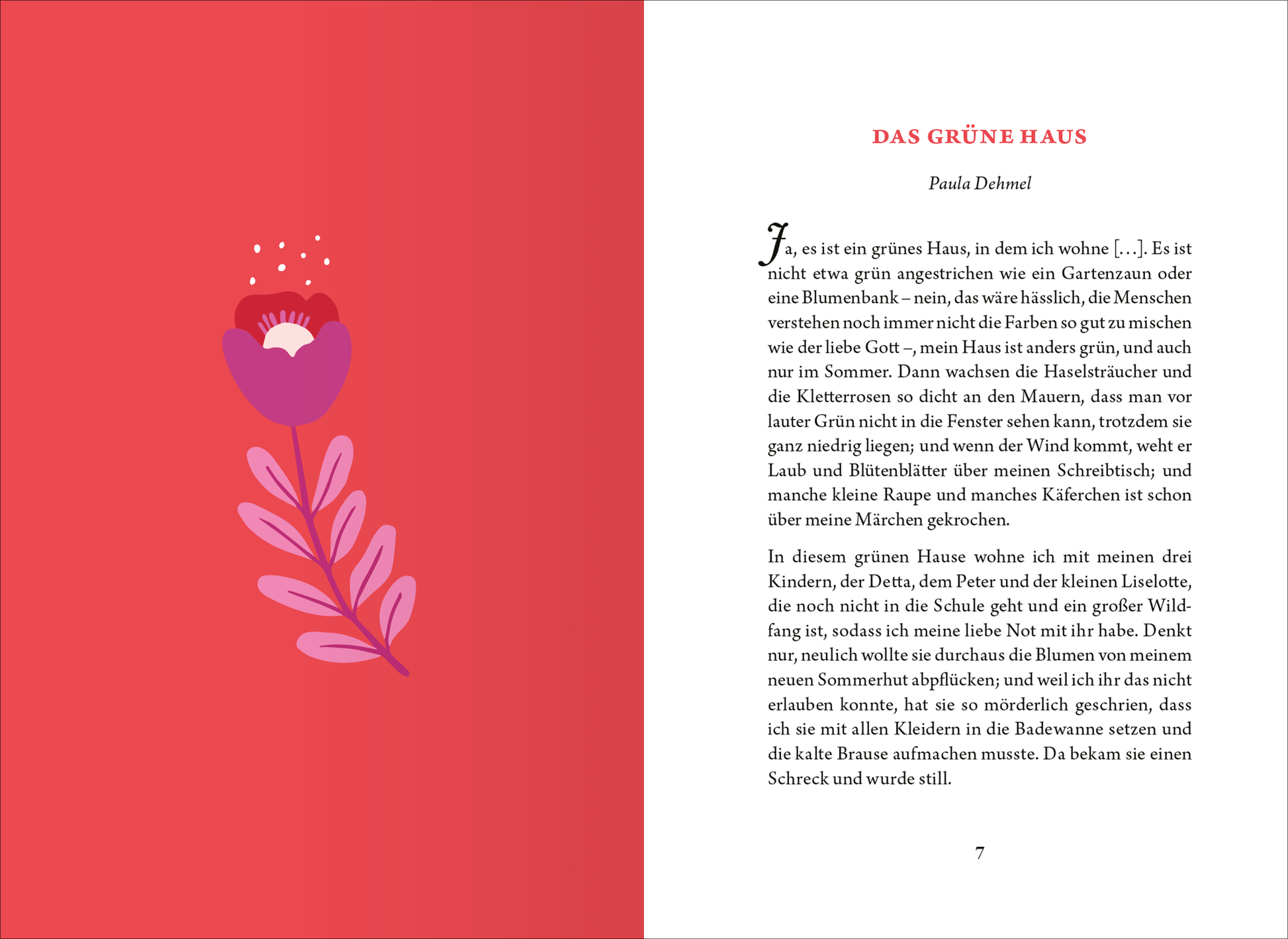 Gezeigt wird eine Innen- oder Zusatzansicht von „Die kleine Bibliothek der positiven Gefühle: Selbstliebe“. Die Seite präsentiert einen warmen, roten Hintergrund mit einem dominant stilisierten Blumenelement in kräftigen Farben. Die Schriftart ist klar und gut lesbar, im oberen Bereich stehen der Titel sowie der Autorennamen in größeren Schriftgrößen, während der Text in einem kleineren Format darunter folgt. Eine harmonische Komposition, die Wärme und Freundlichkeit ausstrahlt.