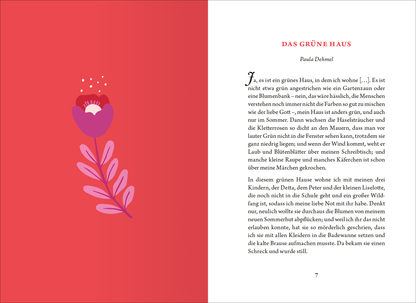 Gezeigt wird eine Innen- oder Zusatzansicht von „Die kleine Bibliothek der positiven Gefühle: Selbstliebe“. Die Seite präsentiert einen warmen, roten Hintergrund mit einem dominant stilisierten Blumenelement in kräftigen Farben. Die Schriftart ist klar und gut lesbar, im oberen Bereich stehen der Titel sowie der Autorennamen in größeren Schriftgrößen, während der Text in einem kleineren Format darunter folgt. Eine harmonische Komposition, die Wärme und Freundlichkeit ausstrahlt.