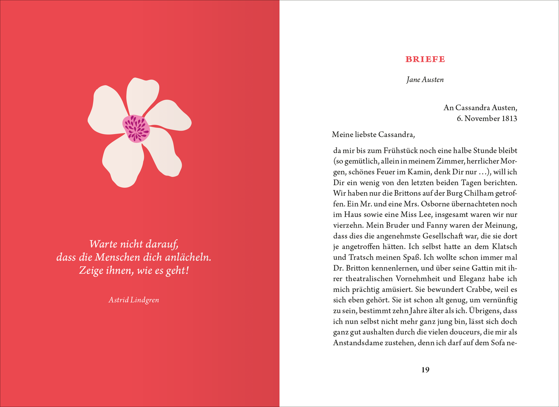 Gezeigt wird eine Innen- oder Zusatzansicht von „Die kleine Bibliothek der positiven Gefühle: Selbstliebe“. Die Seite ist in einem rosa-tonalen Farbdesign gehalten, das durch eine große, stilisierte Blüte links hervorgehoben wird. Auf der rechten Seite steht der Text in einer gut lesbaren, serifenlosen Schrift. Die zentrale Botschaft in Anführungszeichen ist klar hervorgehoben und ergänzt den freundlichen, einladenden Gesamteindruck, der zum Nachdenken und zur Selbstreflexion anregt.