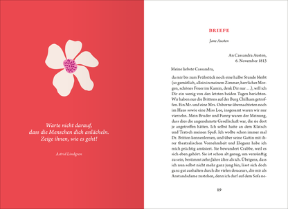 Gezeigt wird eine Innen- oder Zusatzansicht von „Die kleine Bibliothek der positiven Gefühle: Selbstliebe“. Die Seite ist in einem rosa-tonalen Farbdesign gehalten, das durch eine große, stilisierte Blüte links hervorgehoben wird. Auf der rechten Seite steht der Text in einer gut lesbaren, serifenlosen Schrift. Die zentrale Botschaft in Anführungszeichen ist klar hervorgehoben und ergänzt den freundlichen, einladenden Gesamteindruck, der zum Nachdenken und zur Selbstreflexion anregt.